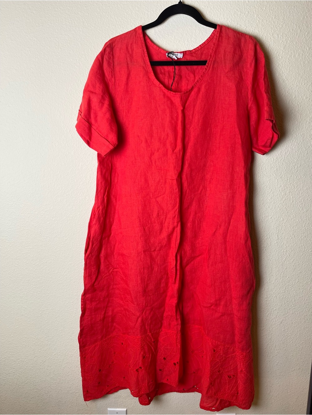 Rosemarine Red Linen Eyelet Hem Dress Sz Medium Coastal Lagenlook Made in Italy